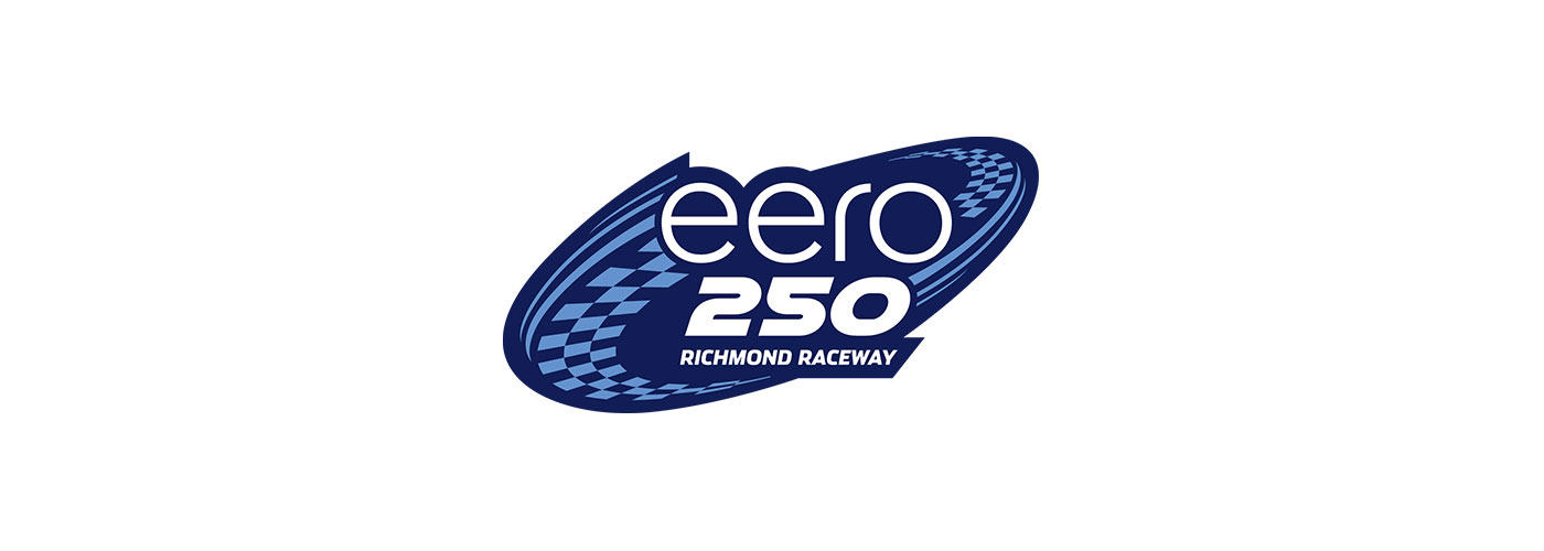 Eero 250 Richmond Raceway logo. The design features the words 'eero 250' in white lowercase and bold type, placed in the center of a deep blue background. A stylized racetrack swirl with blue and white checkered flag pattern encircles the text on the left, evoking a sense of motion. 'Richmond Raceway' appears below the main text in smaller white capital letters.