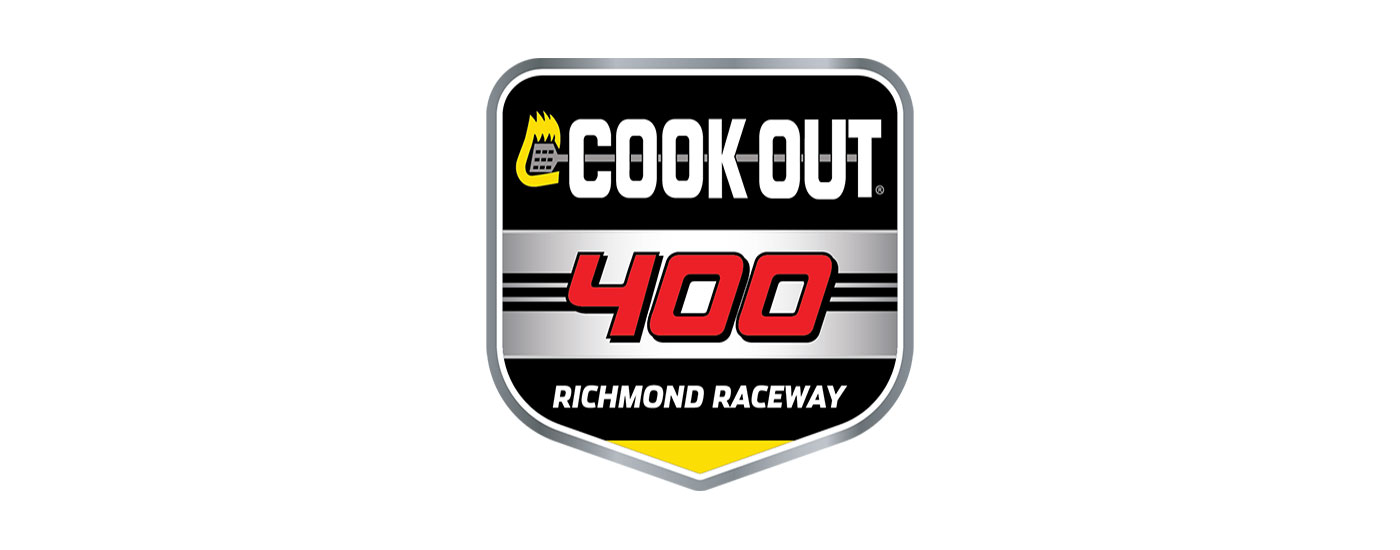 Cook Out 400 Richmond Raceway event logo. The design features a shield-shaped badge with a black background, silver outline, and yellow accent at the bottom. At the top, a yellow flame with a spatula is next to the white text 'Cook Out'. Below it, large red numbers '400' are centered on a silver bar with black stripes. At the bottom, the words 'Richmond Raceway' appear in bold white text.