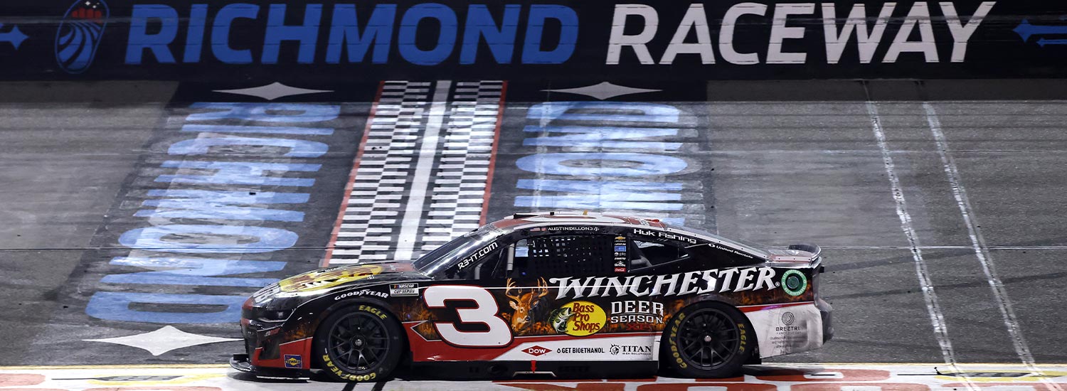 Austin Dillon, driver of the #3 Bass Pro/Winchester Chevrolet, crosses the finish line to win the NASCAR Cup Series Cook Out 400 at Richmond Raceway on August 16, 2025 in Richmond, Virginia