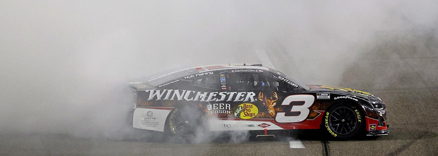 Austin Dillon, driver of the #3 Bass Pro/Winchester Chevrolet, celebrates with a burnout after winning the NASCAR Cup Series Cook Out 400 at Richmond Raceway on August 16, 2025 in Richmond, Virginia. (Photo by Chris Graythen/Getty Images)