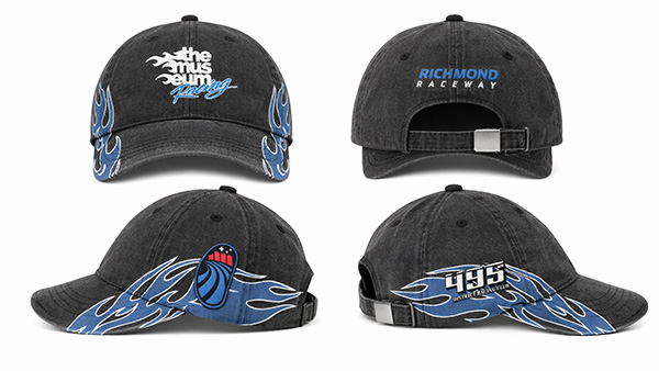 A black hat with blue flames on it for Richmond Raceway. Numbered 1-500