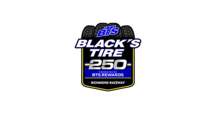 Black's Tire 250 presented by BTS Rewards event logo featuring stylized racing tires above bold white and blue lettering on a black shield with yellow accents. The Richmond Raceway logo appears at the bottom.